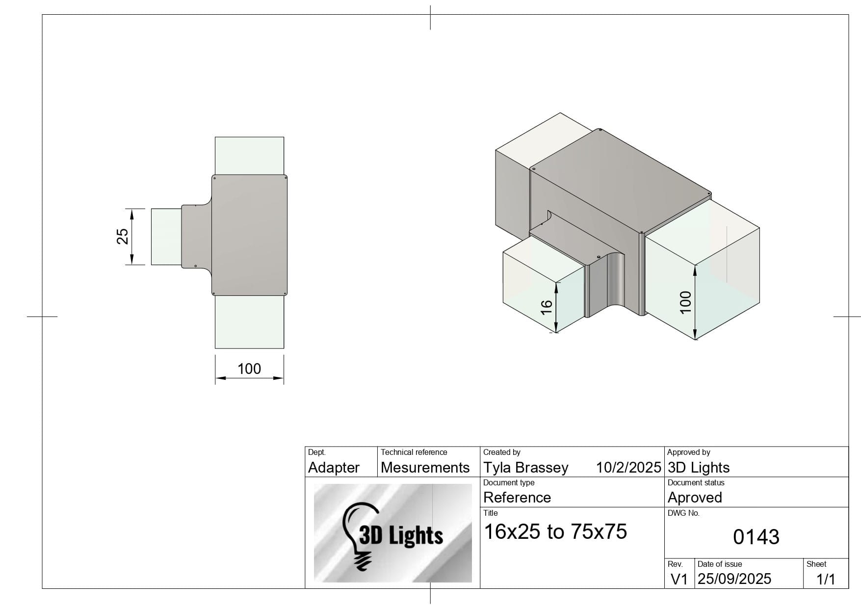 16x25 to 100x100 Adapter | Sharp Corner